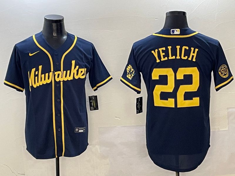 Men Milwaukee Brewers #22 Yelich Drak Blue Game 2025 Nike MLB Jersey style 0309->milwaukee brewers->MLB Jersey